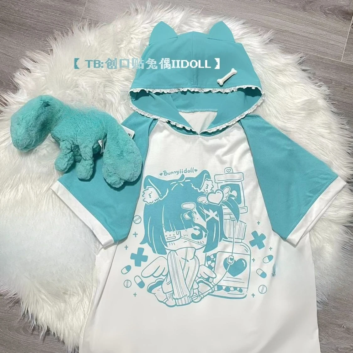 Japanese Cute Color Blocking Cat Ear Hooded Short-sleeved T-shirt for Women Summer New Lace Patchwork Graphic T Shirts Y2k Top