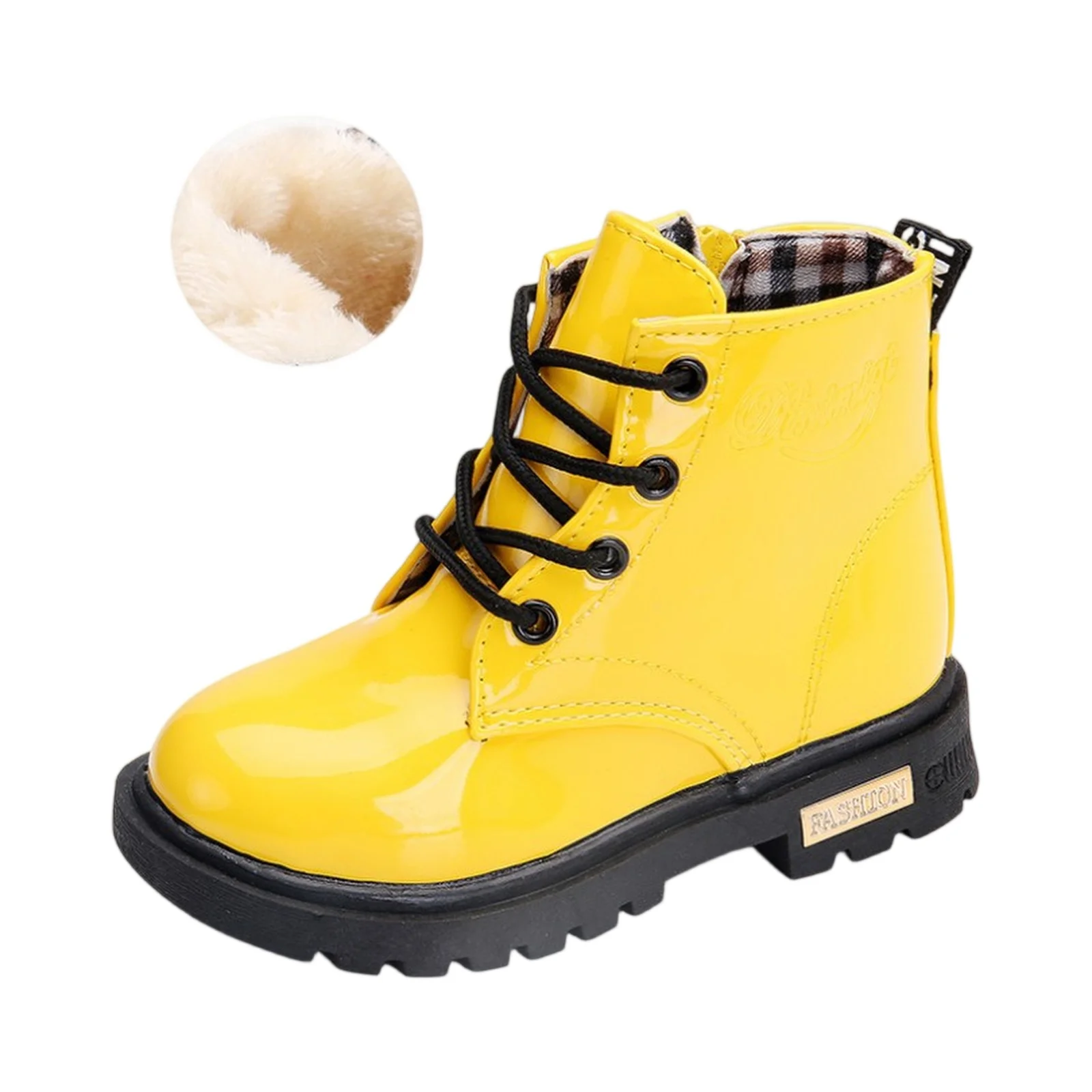 Kids' Yellow Patent Ankle Boots Lace-Up Faux Fur Warm Toddler Daily Casual 2026 Trendy Cute Vibrant Footwear Fashion Boots Abito