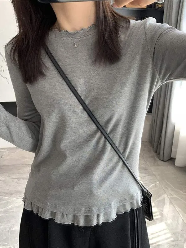 Stylish Long Sleeve Base Shirt Korean Style Elegant Cuffed Fashionable Inner Wear Spring Autumn Winter Delicate Beautiful T-S...