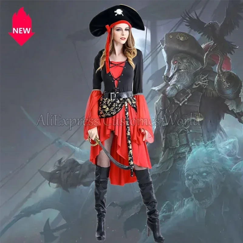 HN8 Female Caribbean Pirates Captain Cosplay Costume Halloween Suit Gothic Jack Woman Fancy Dress Role Playing Cosplay Suit 8…Gf