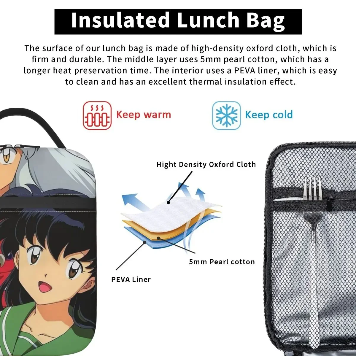 Manga Kimono Inuyasha Sesshomaru Insulated Lunch Bag for Kids School Cooler Thermal Food Box Tote Leakproof Lunch Boxe Container view 3