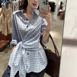 Spring Autumn New Fashion Turn-down Collar Long Sleeve Plaid Strap Straps Blouse Women's Clothing Button Waist Retraction Shirts