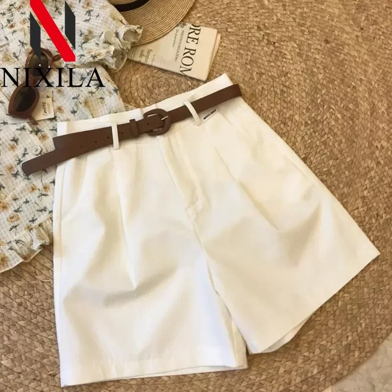 Novedad de verano, pantalones cortos de pierna ancha para mujer, pantalones cortos de corte A de algodón fino 2024, pantalones cortos clásicos holgados informales con cremallera para mujer para oficina