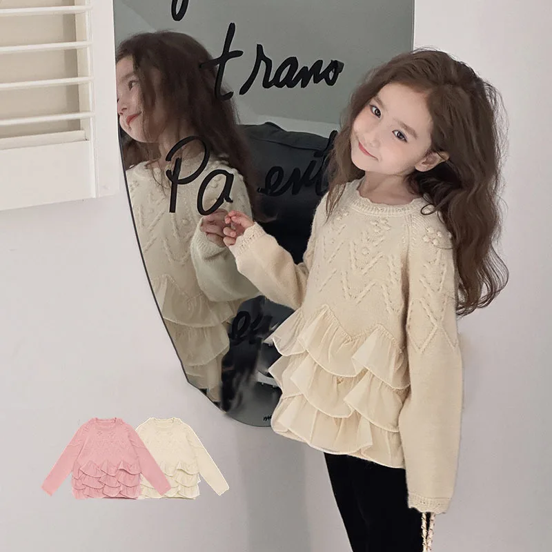 ملابس تريكو للفتيات مع بلوفر سفلي من الدانتيل ملابس خارجية للأميرة من الدانتيل للخريف والشتاء ملابس أطفال #4