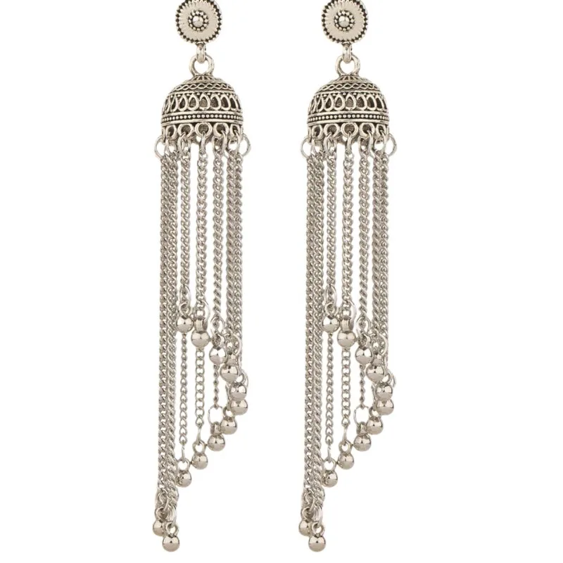 Classic Vintage Silver Color Gypsy Dangle Earrings Ethnic Women\'s Bohemian Bells Tassel Long Earrings Jhumka Indian Jewelry