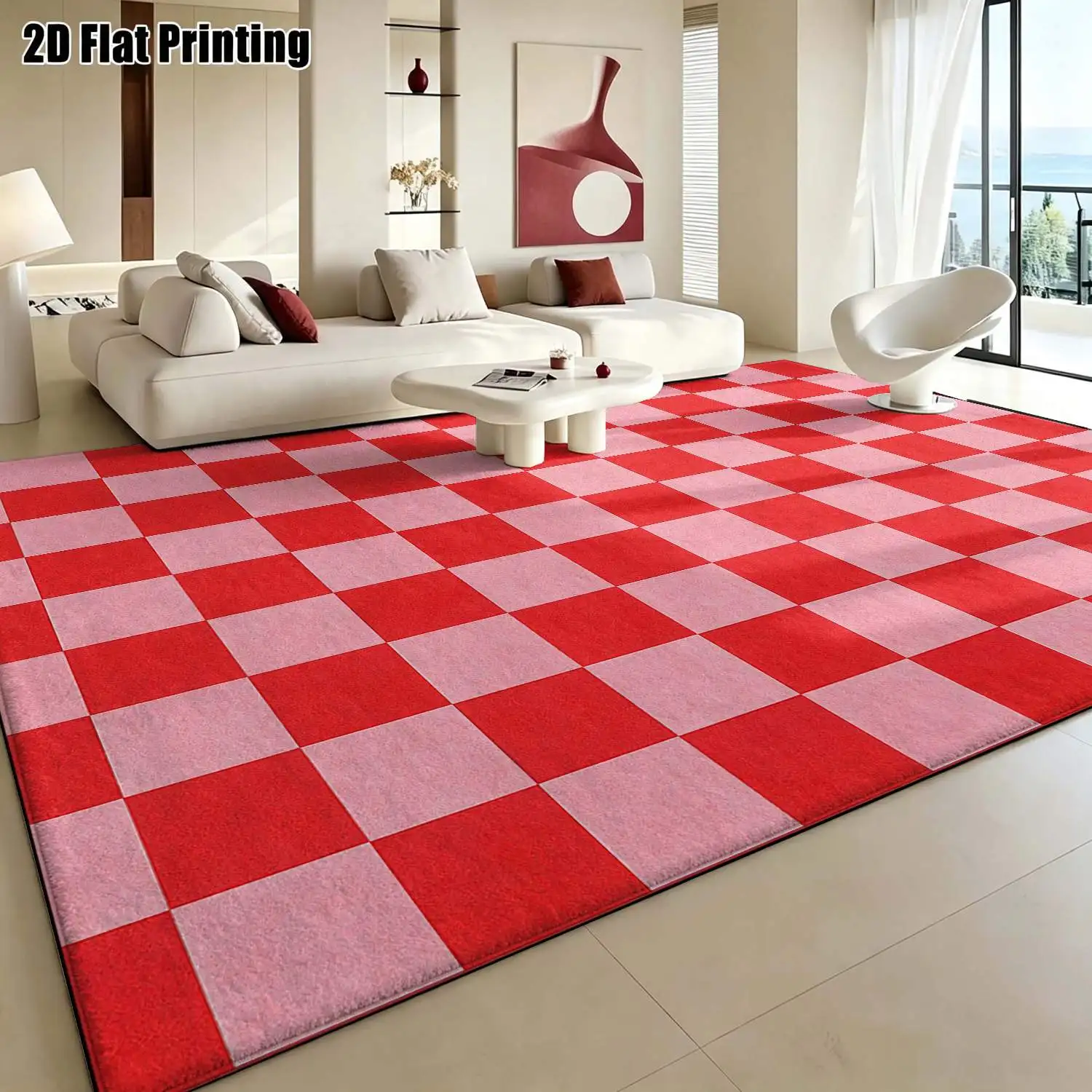 1Pc 2D Printed Geometric Red Pink Nordic Modern Minimalist Carpet, Instagram-Inspired Floor Mat, Machine Washable, Multi-Size, Ideal for Home Decor: Entrance, Dining Room, Foyer, Bedroom, Living Room