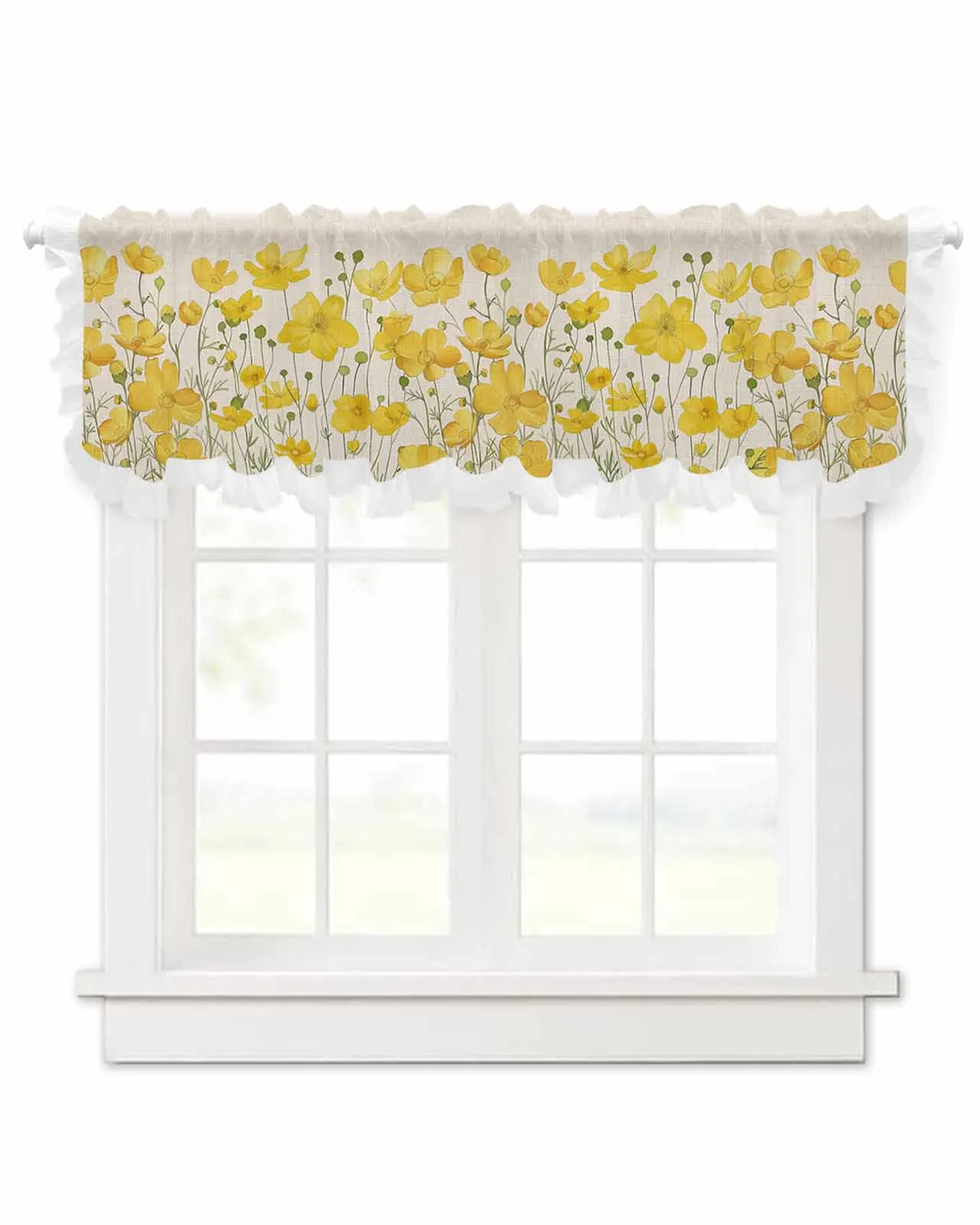 Watercolor Style Chrysanthemum Short Tulle Half Curtains for Living Room Kitchen Door Cafe Window Sheer Valance Drapes