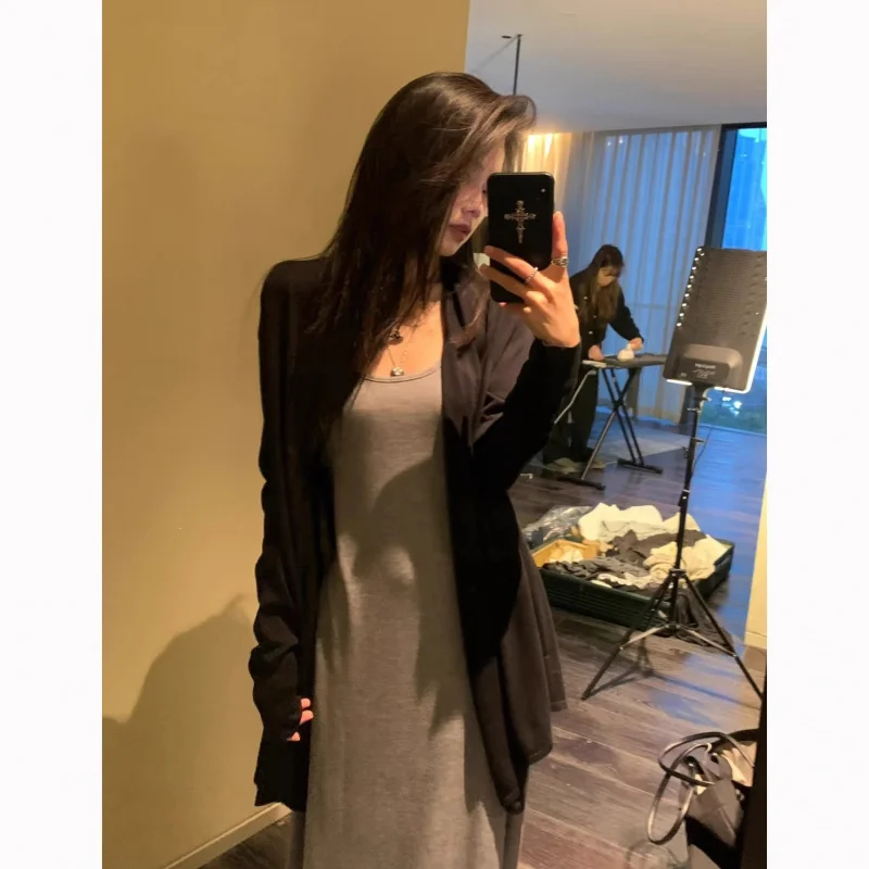 

Black Silk Knitted Cardigan Women, Spring And Summer Irregular Mid-Length Cover-Up, Camisole Outerwear, Paper Piece Top