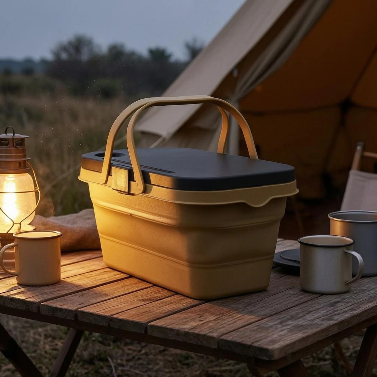 Foldable Storage Basket Hinged Lid Collapsible Plastic Basket Collapsible Storage Bin Cup Holder for Picnics