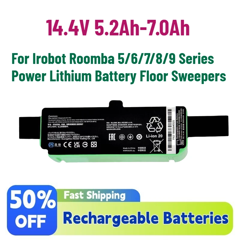 Large Capacity 14.4V 5.2Ah-7.0Ah Rechargeable Batteries for Irobot Roomba 5/6/7/8/9 Series Power Lithium Battery Floor Sweepers