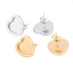 10pcs Stainless Steel Gold Plated Fit 10mm Heart Cabochon Earring Base Setting Blanks Studs Diy Bezels For Jewelry Making