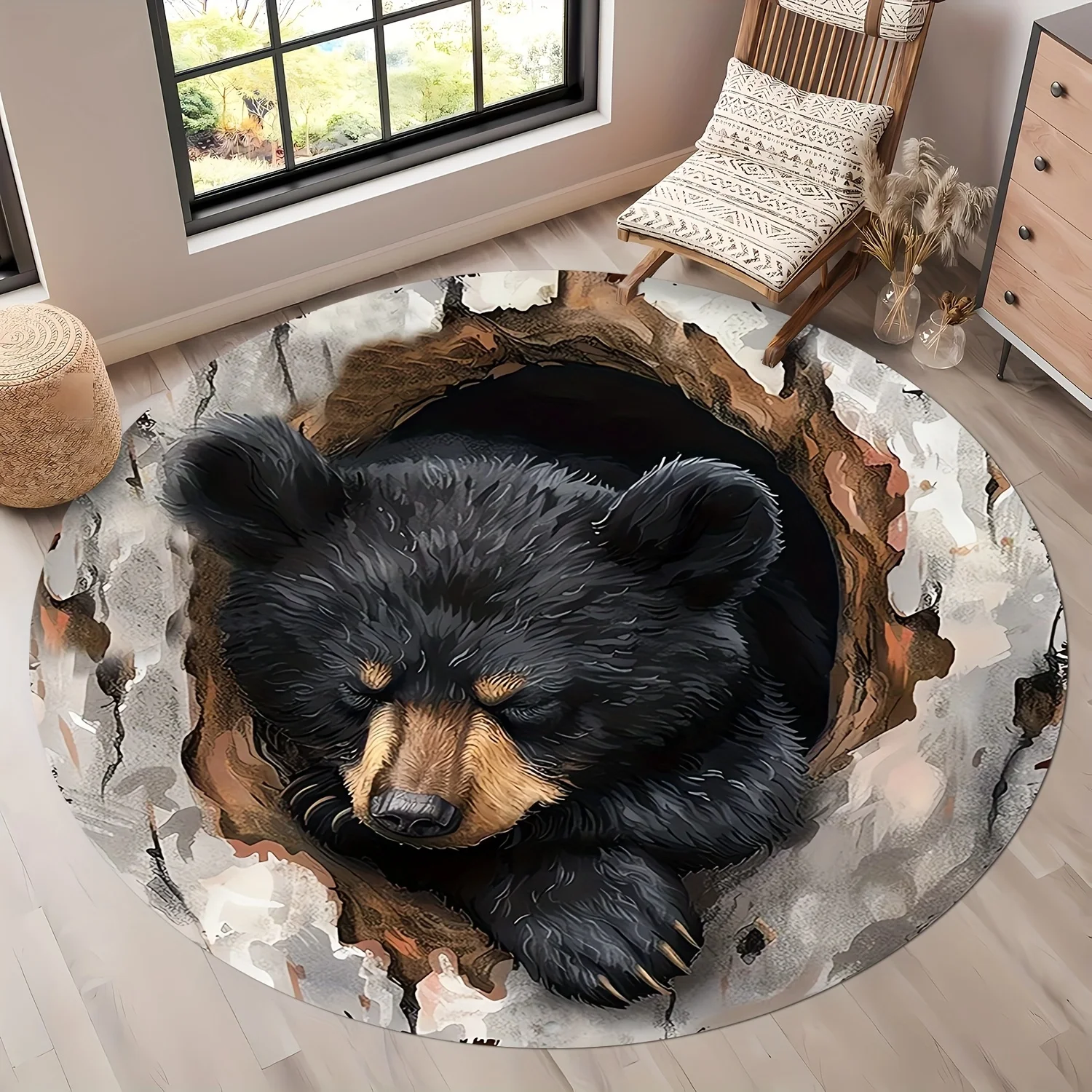 Wooden Stump Circle Carpet Sleeping Black Bear Round Area Rug Non Slip Washable Welcome Home Entryway Porch Decoration