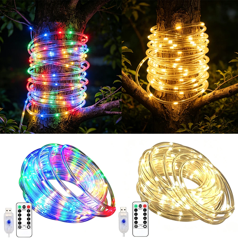 1set LED Rope Tube Lights, 33ft 100 LED Christmas Rope String Light USB Powered 8 Modes Copper Wire String Lights with Remote