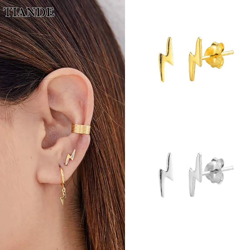 TIANDE Silver Color Gold Plated Lightning Stud Earrings for Women Smooth Piercing Women's Huggie Earrings 2022 Jewelry Wholesale