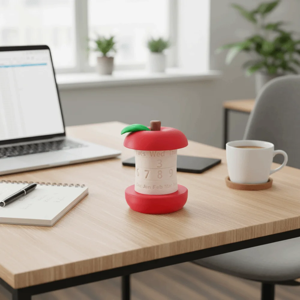 

Tating Design 3D-печатный календарь Забавный современный декор Вращающийся календарь Форма фруктового сердечника Вращающийся механизм Настольный календарь