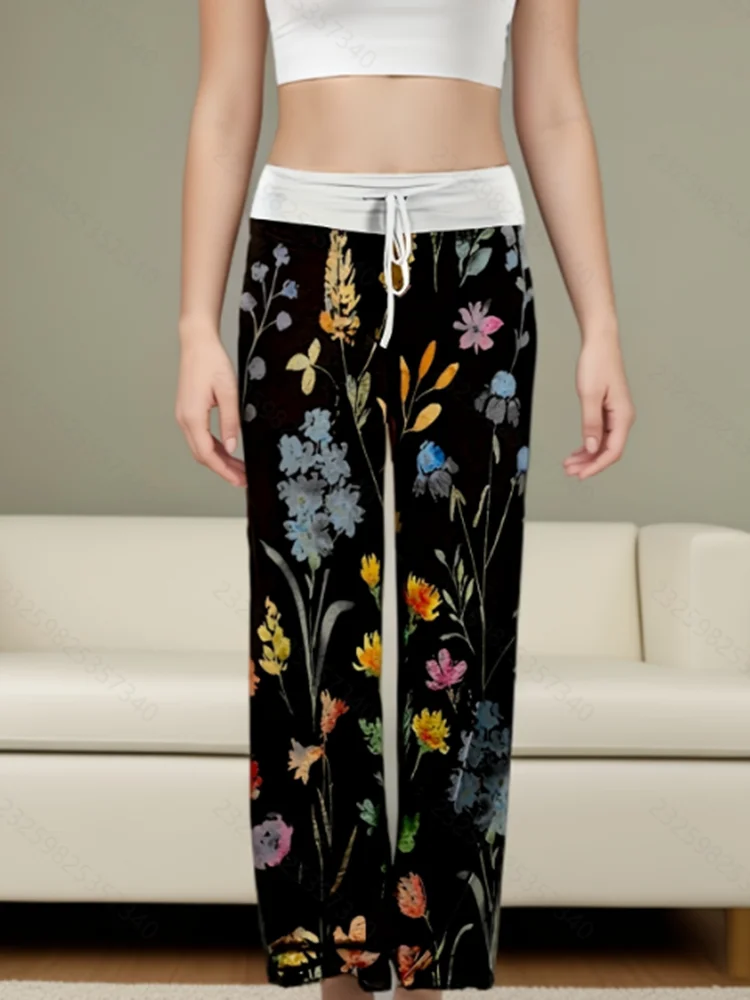 

Plus Size Women 1XL-5XL Fashion Casual Loose Stretch Printing Drawstring Lounge Pants Pajama Long Wide Leg Pants