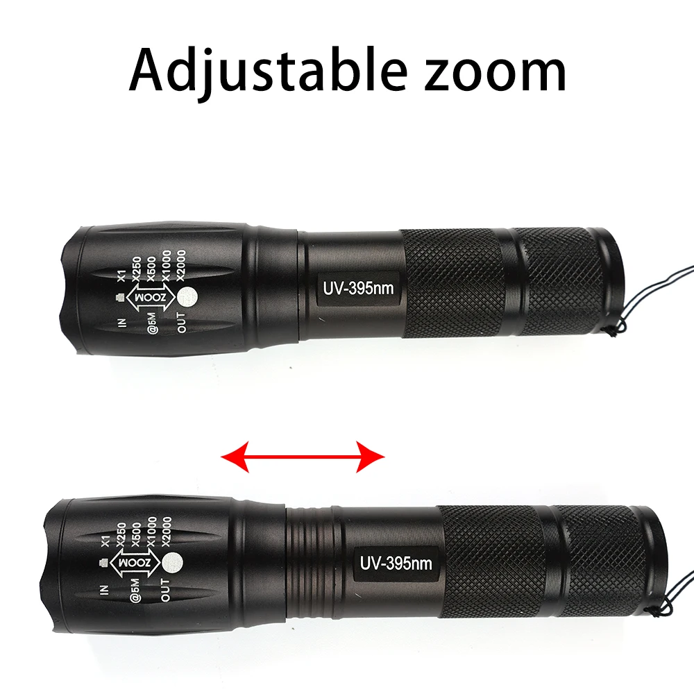 Purple White Dual Lights Flashlight Ultraviolet Torch Zoom Retractable UV Flashlight Fluorescent Agent Detection Portable Lamp