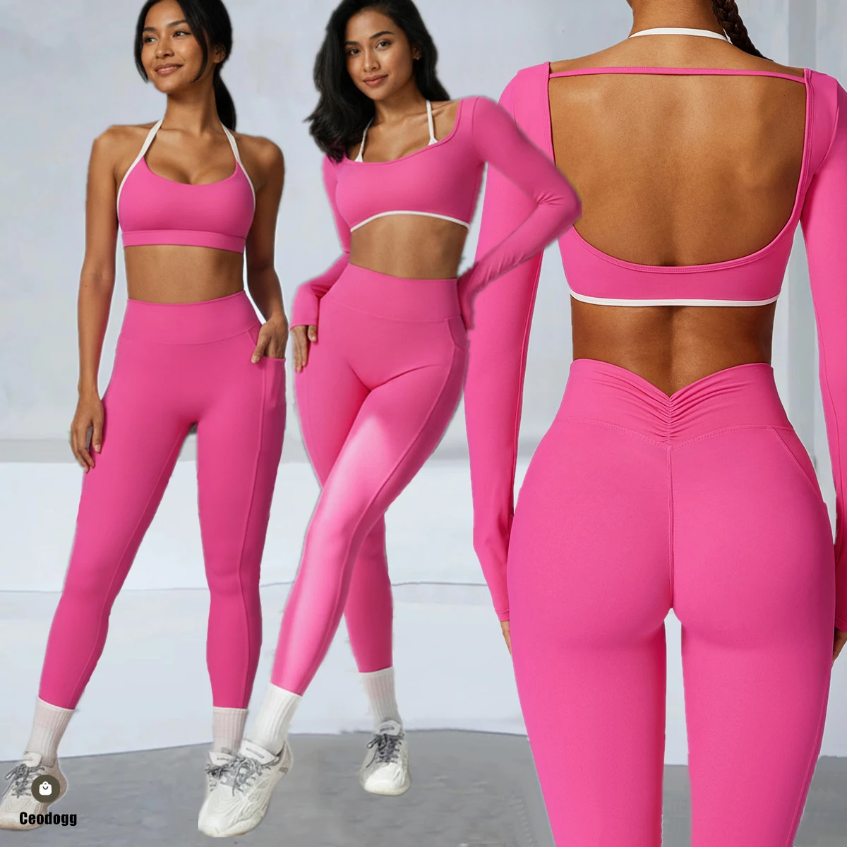 

Женский спортивный костюм из 2 предметов: комплект для йоги, тренировок, фитнеса, одежда для спортзала, укороченный топ с длинным рукавом, леггинсы с высокой талией, активный комплект