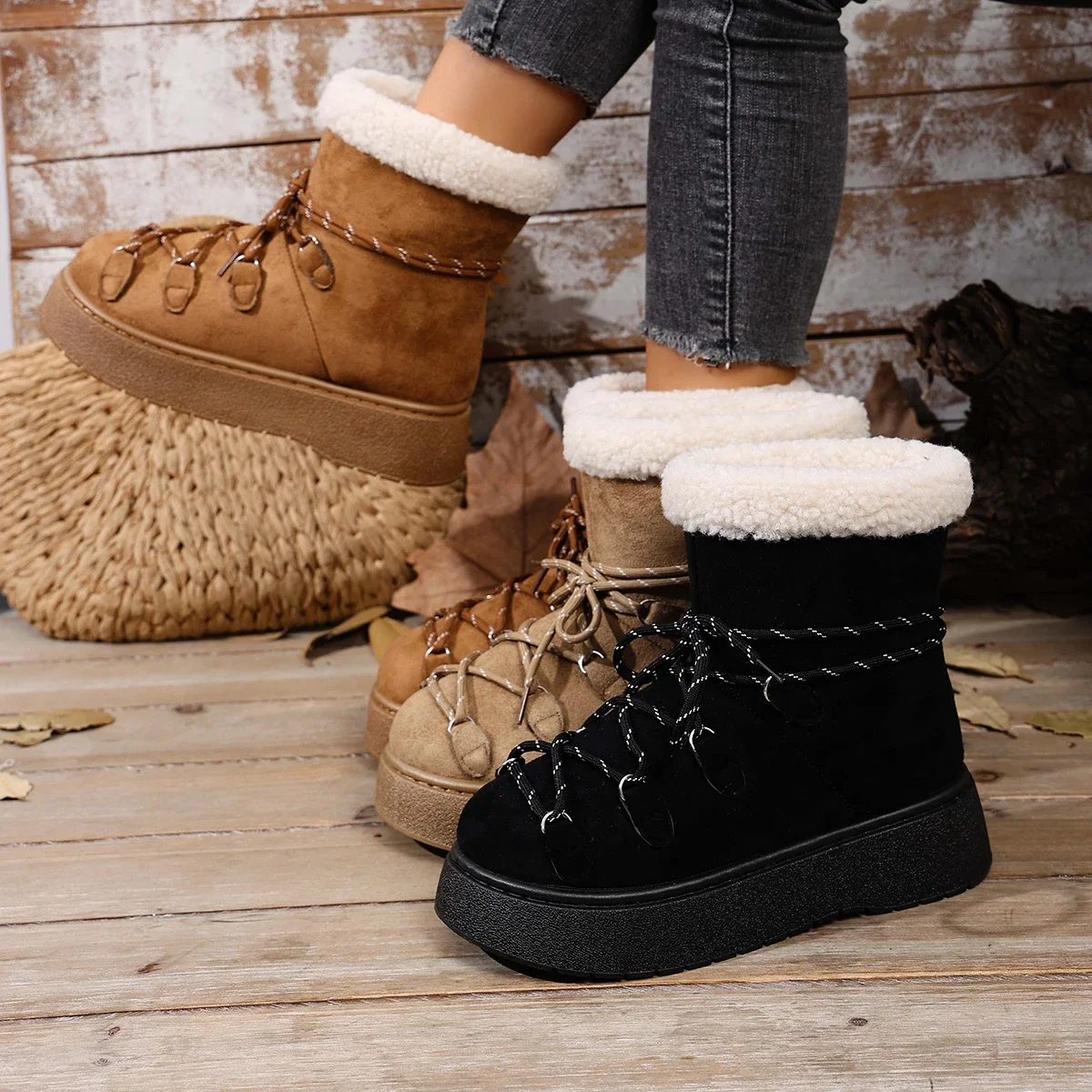 

2026 Autumn and Winter New Thick-soled Cross-tie Snow Boots Thickened Mid-length Over-the-knee Warm Women's Boots Plus Size 42
