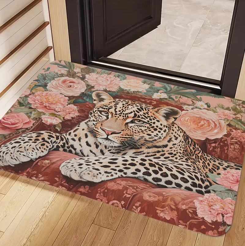 Luxury Leopard Tiger Floral Tropical Jungle Pattern Non Slip Floor Mat Entrance Rug for Living Room Bedroom Home Decor