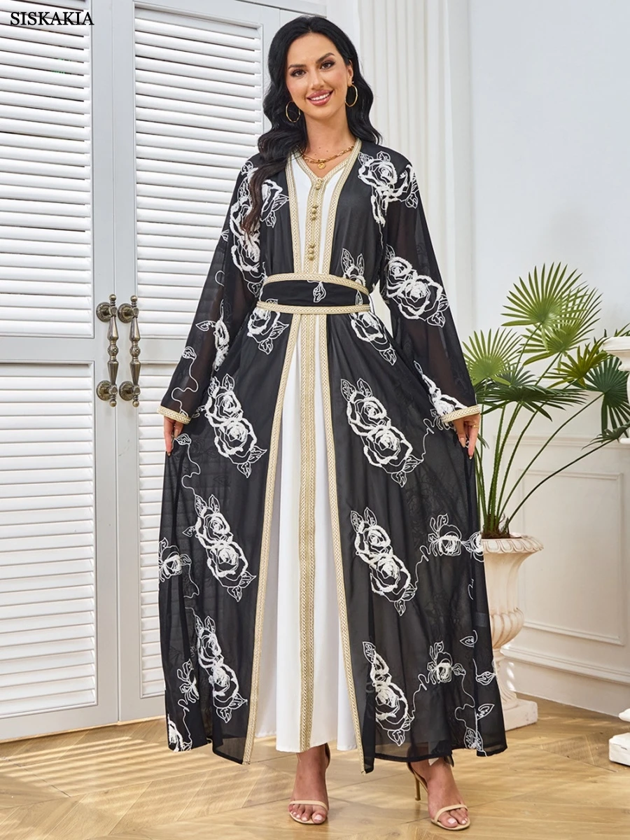 Siskakia Dubai Embroidery Long Abaya Muslim Mesh Sleeve Belted Kaftan Two-Piece Set Dress Belt included