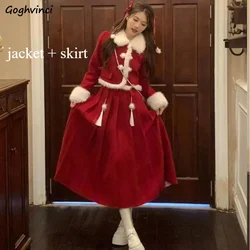 Women Sets Gentle Sweet Patchwork Velvet Cozy Jacket Mid-length Pleated Skirt Two-piece Winter Outfits Popular Trendy Ulzzang
