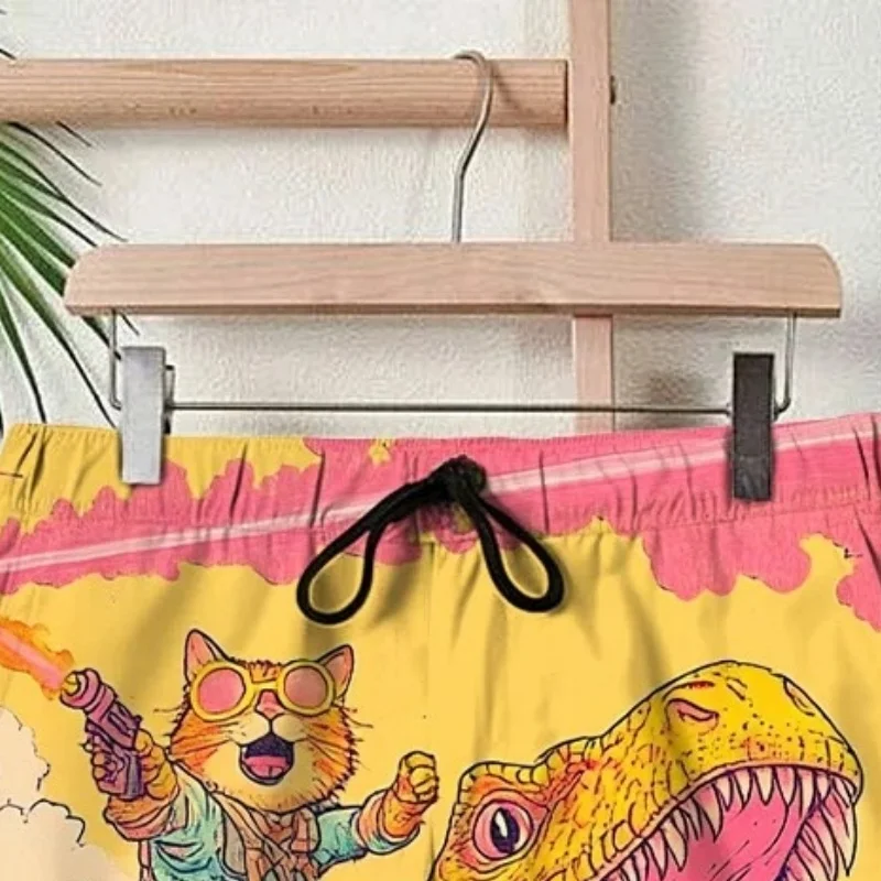 Colorful Men's Cat And Dinosaur Fantasy Art Print Shorts Boho Style Beach Drawstring Knee Length Bottoms Man Clothings Oversized