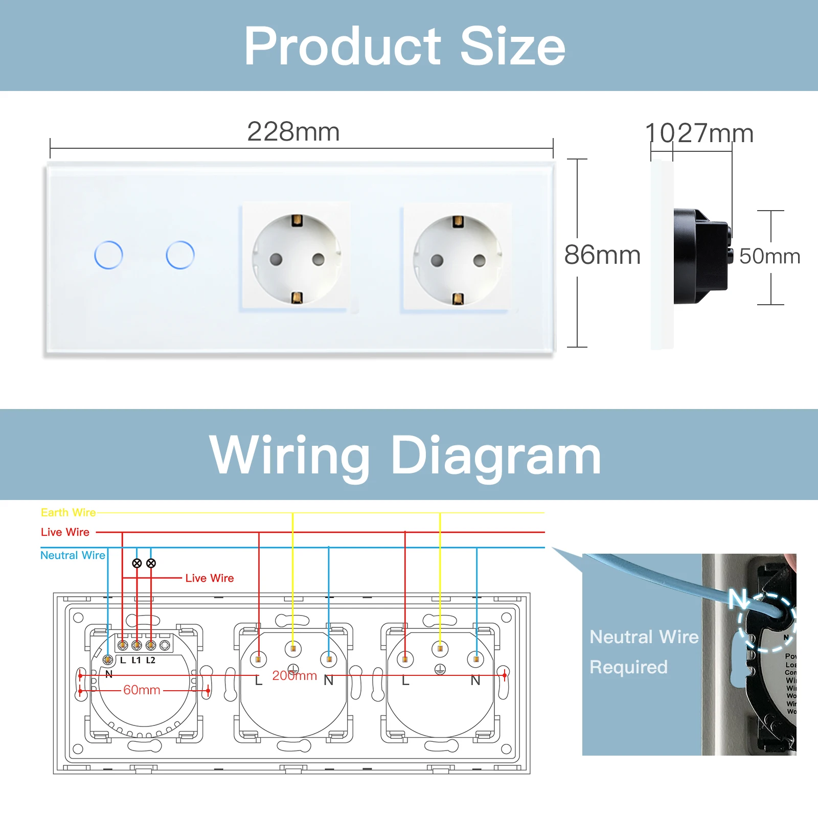 BSEED 1/2/3Gang 1/2/3 way Wifi Switch With Double EU Sockets Without Wifi Crystal Control Alexa Google Home Tuya App