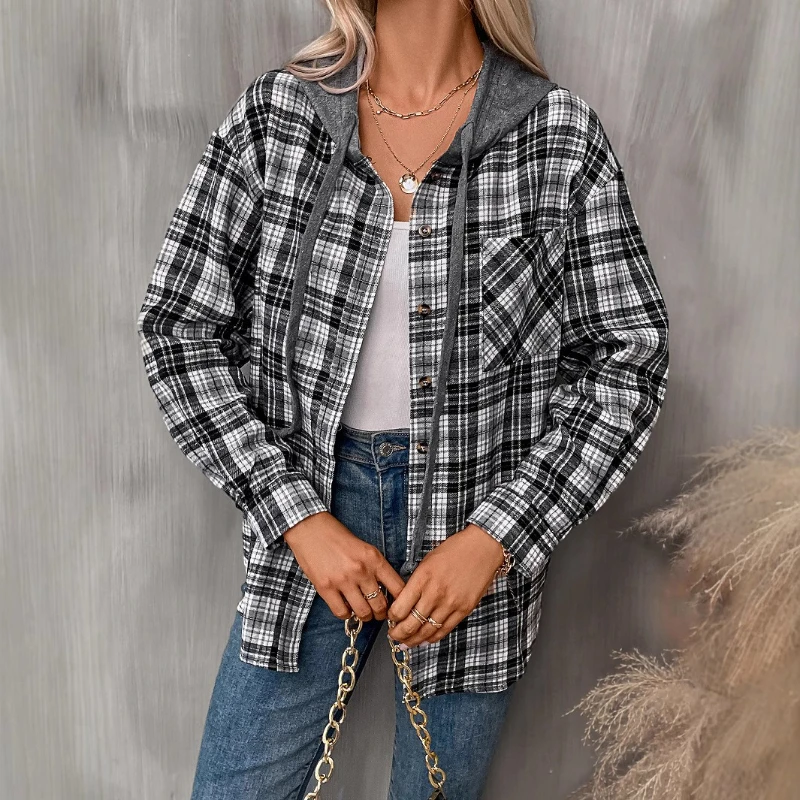

Blouses Women Shirt Hooded Full Sleeve Tops Plaid Shirts Y2k Streetwear Work Elegant Splice Casual Loose Autumn Winter 2025