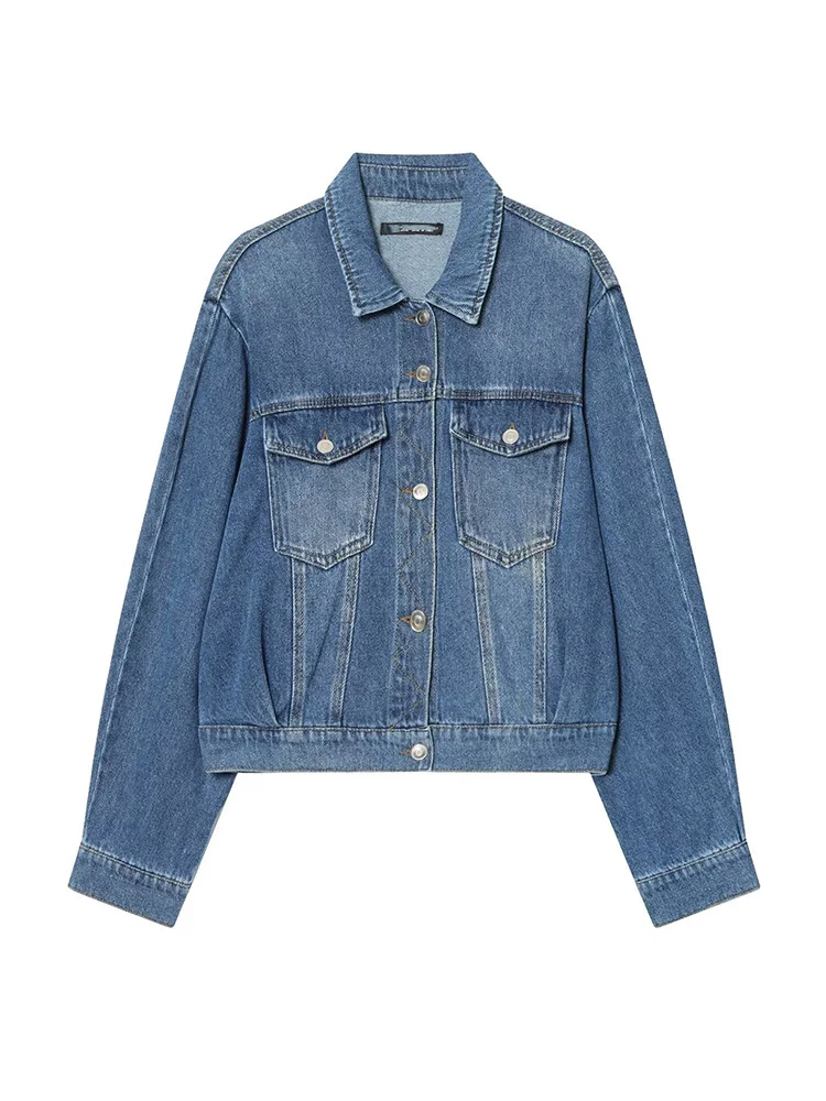 

Женская зимняя модная джинсовая куртка с длинными рукавами, отложным воротником и карманами, теплая, однобортная, удобная, короткая