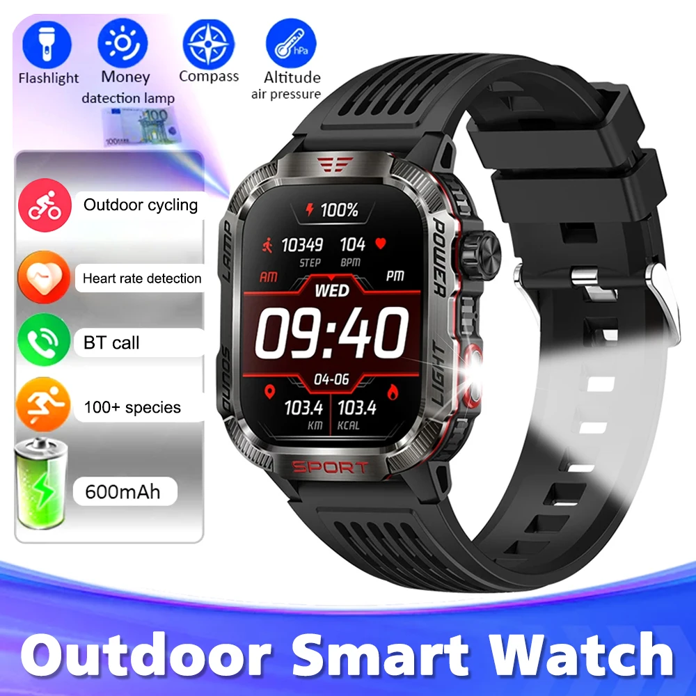 Outdoor Black Smart Watch Men Sports Fitness Tracker IP68 Waterproof Compass Bluetooth Call 600Mah Smartwatch 2024 New