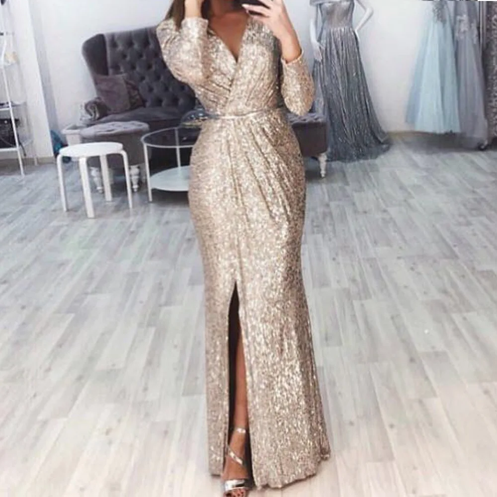 Elegancka damska sukienka z długim rękawem z dekoltem w szpic Jesienno-zimowa moda z cekinami w talii Seksowne sukienki z wysokim rozcięciem Casual Slim Maxi
