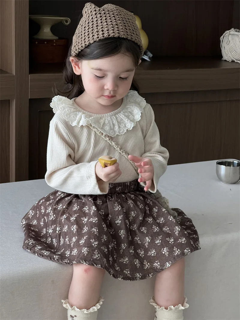 2024 Autumn New Baby Girl Floral Skirts Cotton Infant Girl Floral Print Skirts Suit Toddler Girl Lace Shirts Outfits