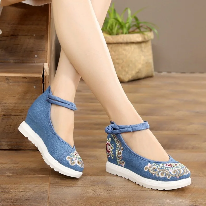 Comemore donne tela altezza crescente cinturino alla caviglia primavera autunno stile cinese ricami Vintage zeppe tacchi scarpe con fibbia da donna