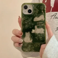 Feather Yarn Green Sketch Cat Phone Case For iPhone 16 15 14 13 12 11 Mini Pro Max X XR XSMax 7 8 Plu Glacier Pattern Soft Cover