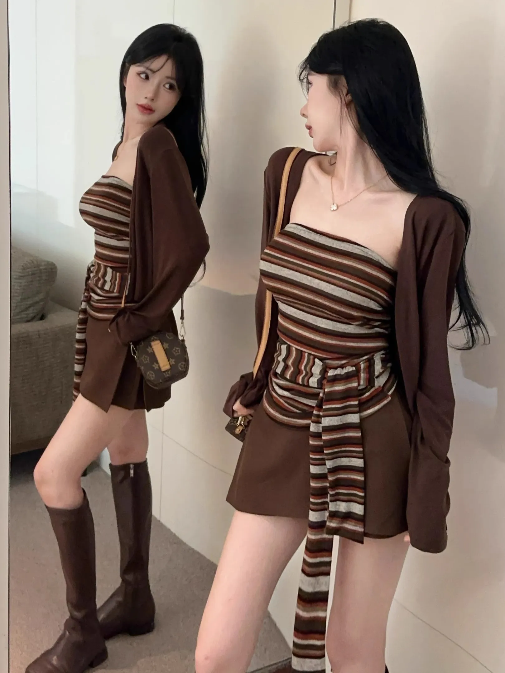 

Sli Two-Piece Women's Early Autumn Age-Defng Striped Tube Top Vest Cardigan Set Korean Hot Girl Faion Casual Outfit