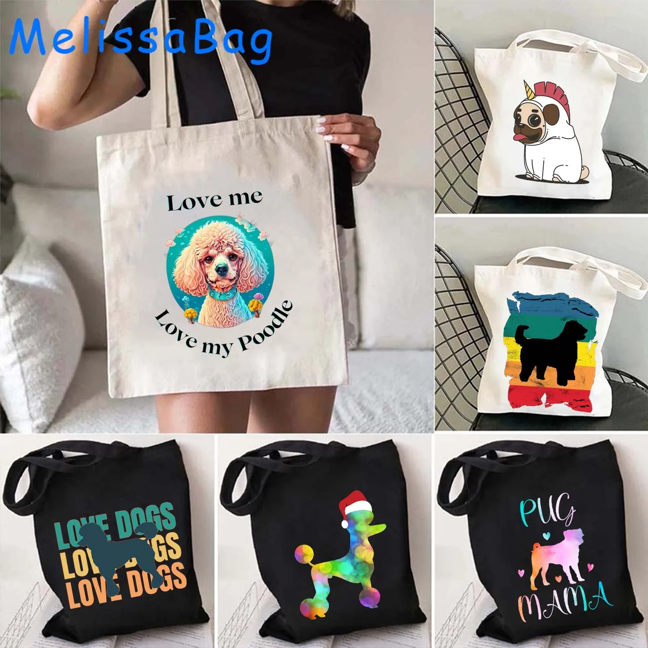 Funny Poodle Dog Lover Silhouette Christmas Kawaii Animal Doodle Groodle Dog Cute Gift Canvas Shoulder Tote Bag Harajuku Handbag