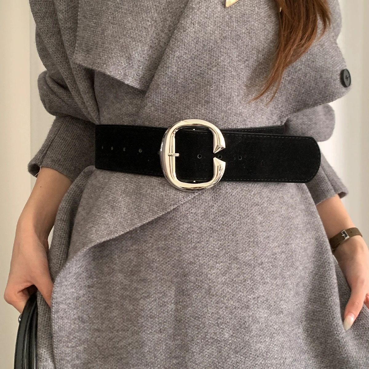 Retro Melange Samt Breiter Gürtel Für Frauen High-End-Luxus Zubehör Korsett Gürtel Für Kleid Mantel Jeans Vielseitiger Gürtel für Winter – Detail 6