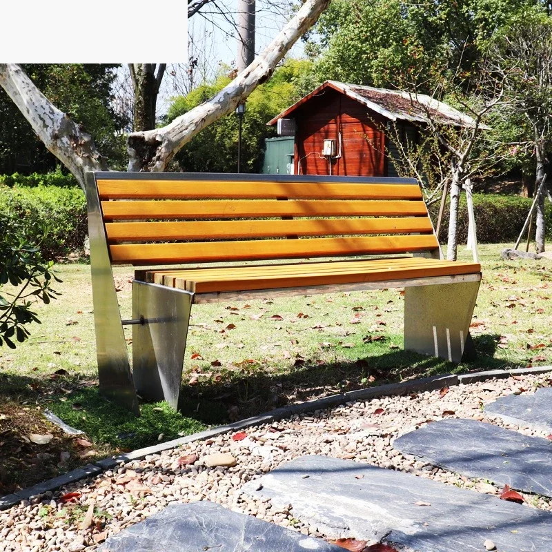 Outdoor stainless steel anti-corrosion wood park bench, outdoor rest and waiting bench, row  with backrest, long bench
