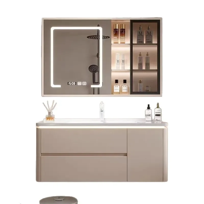 Cream Ceramic Bathroom Vanity Cabinet with Integrated Basin Rounded Corner Design Wall Mounted Storage Unit for Modern