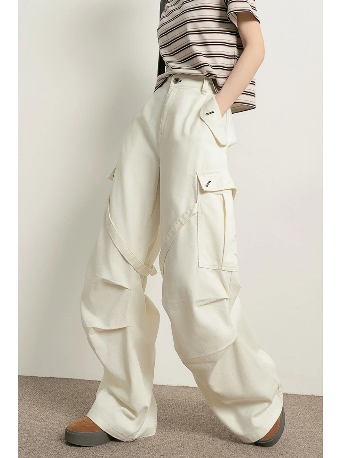 

Tide PA High Waist Wide Leg Denim Pants Women's Spring Autumn Seasonal Long Trousers Belted Workwear Light Beige Color