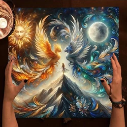 Mystical Sun and Moon Tarot Card Tablecloth With Ice and Fire Phoenixes For Tarot Readings Cloth Witch Altar Cloth Home Decor