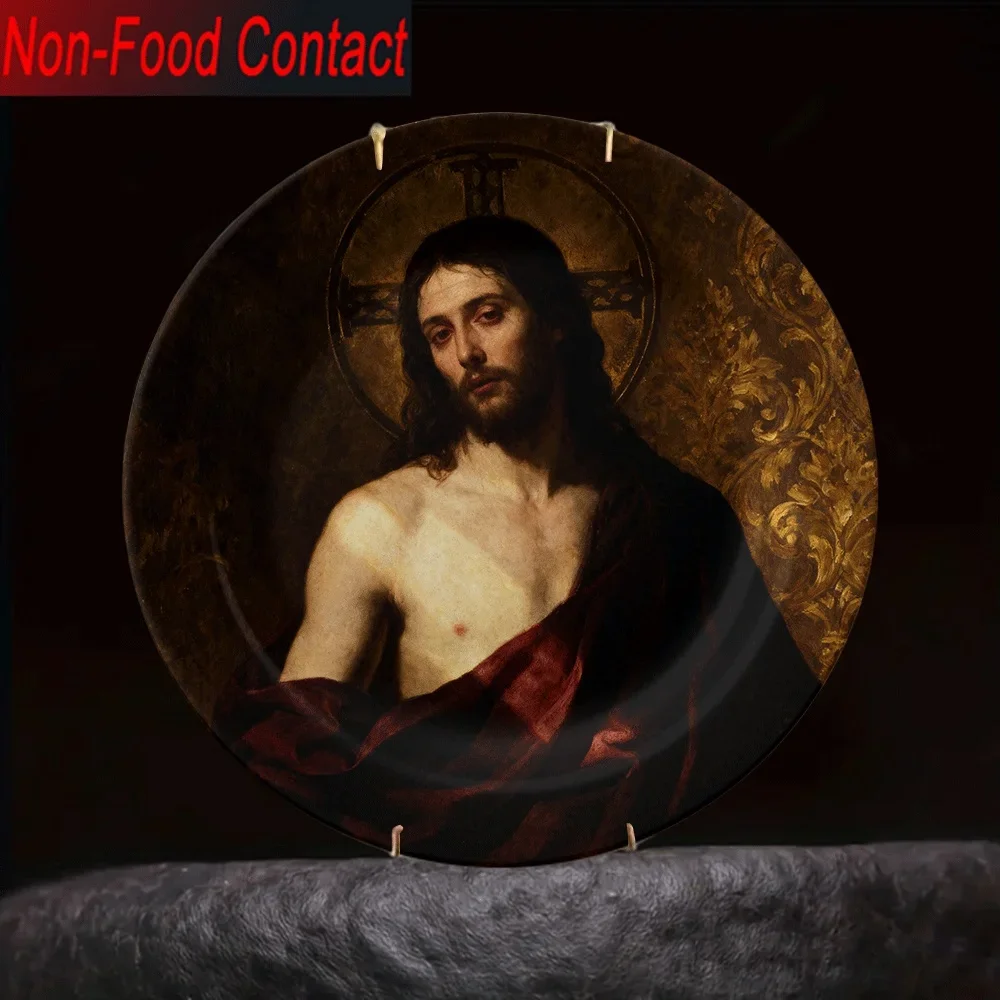 1pc Christmas Ceramic Decorative Plate - Non-Food Contact, Religious Christ Art Design, Perfect for Home, Office, or Bedroom