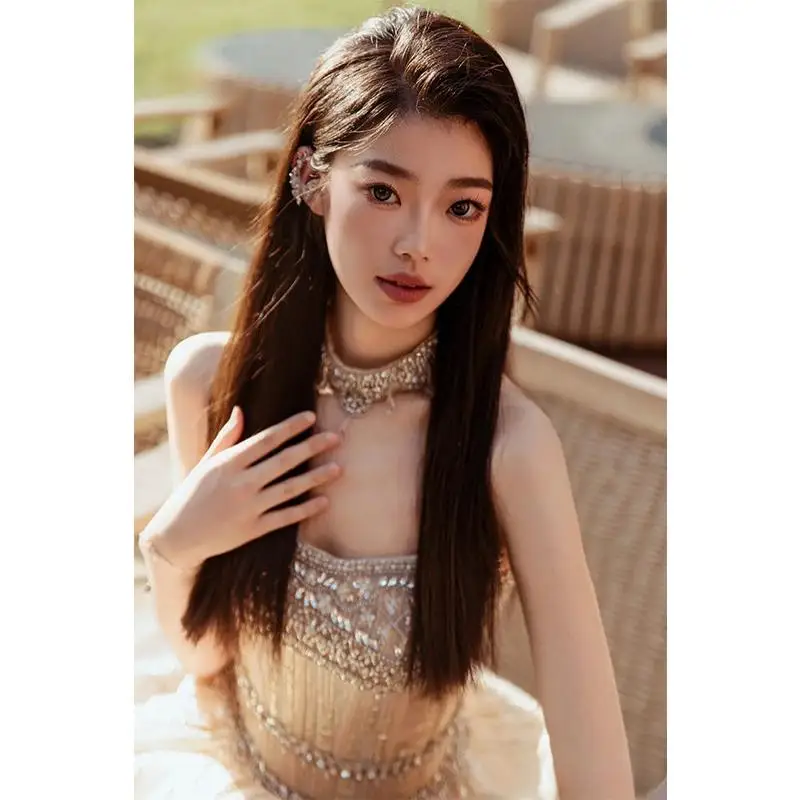 Golden Sleeveless Sparkling Diamond Bridal Toast Engagement Birthday Host Adult Ceremony Sparkling Evening Dress Customized