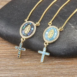 Nidin Fashion Gold Plated Cross Shape Virgin Mary Pendant Necklace For Women Men Charm Female Religious Jewelry Gift Wholesale