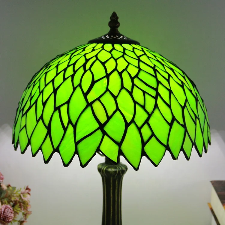 LongHuiJing Tiffany Style Table Lamp Reading Light Green Wisteria Stained Glass Lampshade W12In Desk Lamps