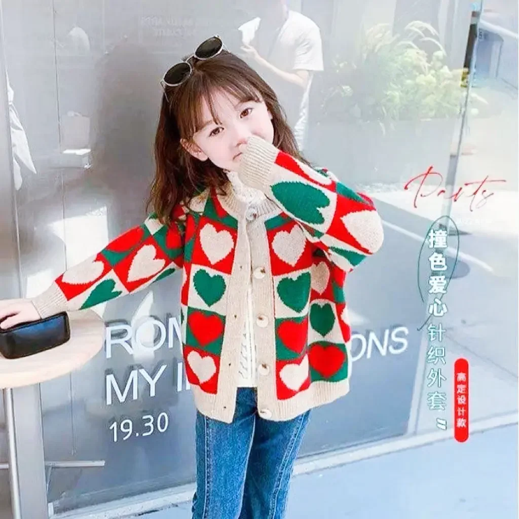 

New Girls Korean Sweater Cardigan Coat Big Children Spring And Autumn Knitted Sweater Foreign Style Cute Outfits Top Clothing