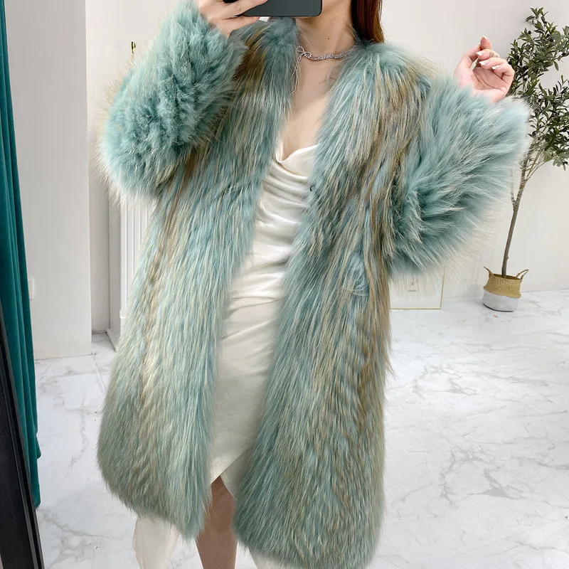 

2023Real fur, Winter 100% Natural Fox Fur Jacket Long Female Silver Fox Fur Coat V-neck Thick Warm Fashion Luxury Overcoat