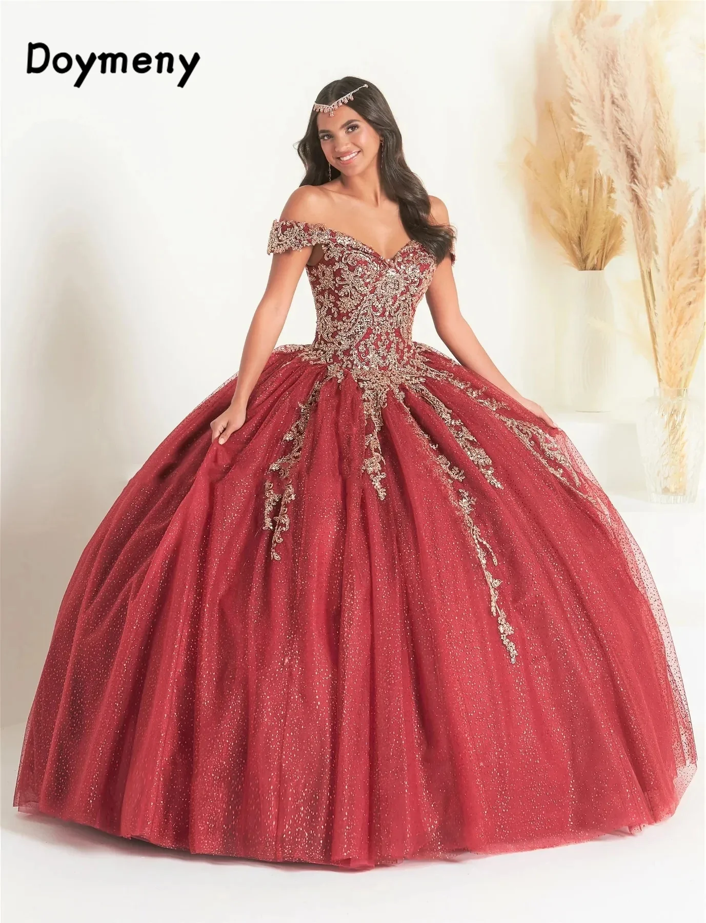 Doymeny Appliques Quinceanera Dresses Sparkling Tulle Ball Gown Off The Shoulder Mexican Long Sweet 16 Dresses 15 Anos