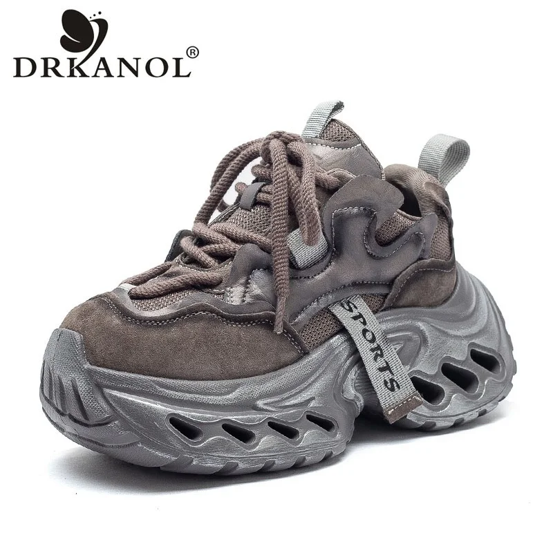 

DRKANOL Новые женские повседневные кроссовки на массивной платформе, весна-лето, из натуральной кожи, с сетчатыми вставками, в стиле ретро, увеличивающие рост, в стиле «папины кроссовки»